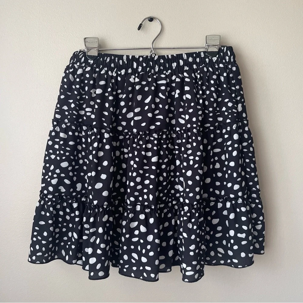 Polka Dot Skater Skirt - Black & White, Stretchy High-Waist, Pleated